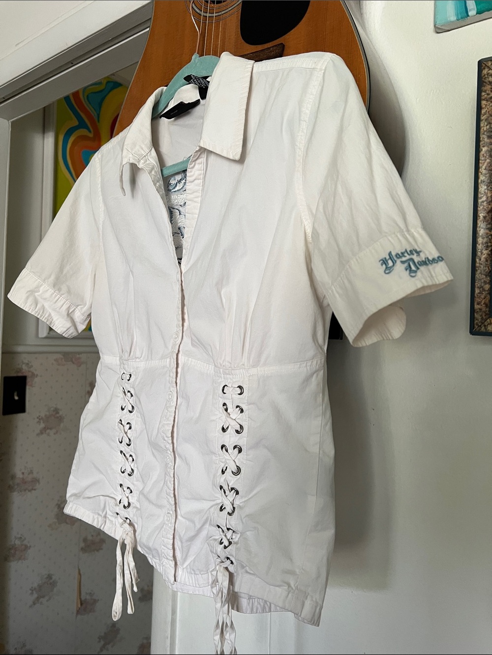 Harley-Davidson White Lace-Up Short Sleeve Button Front Top sz Small Y2K 2000s